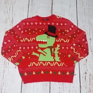 Simplee Apparel Festive Top hat Dinosaur Ugly Christmas Sweater Unisex Size S